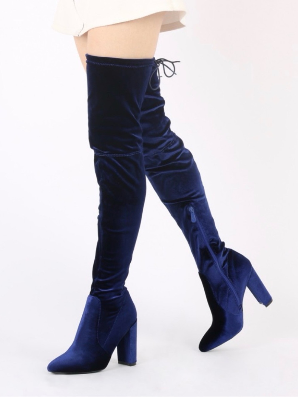 Luxe Navy Velvet Over-the-Knee 3.5”Block Heel Boots Tie Closure Inside Zip Sz 10